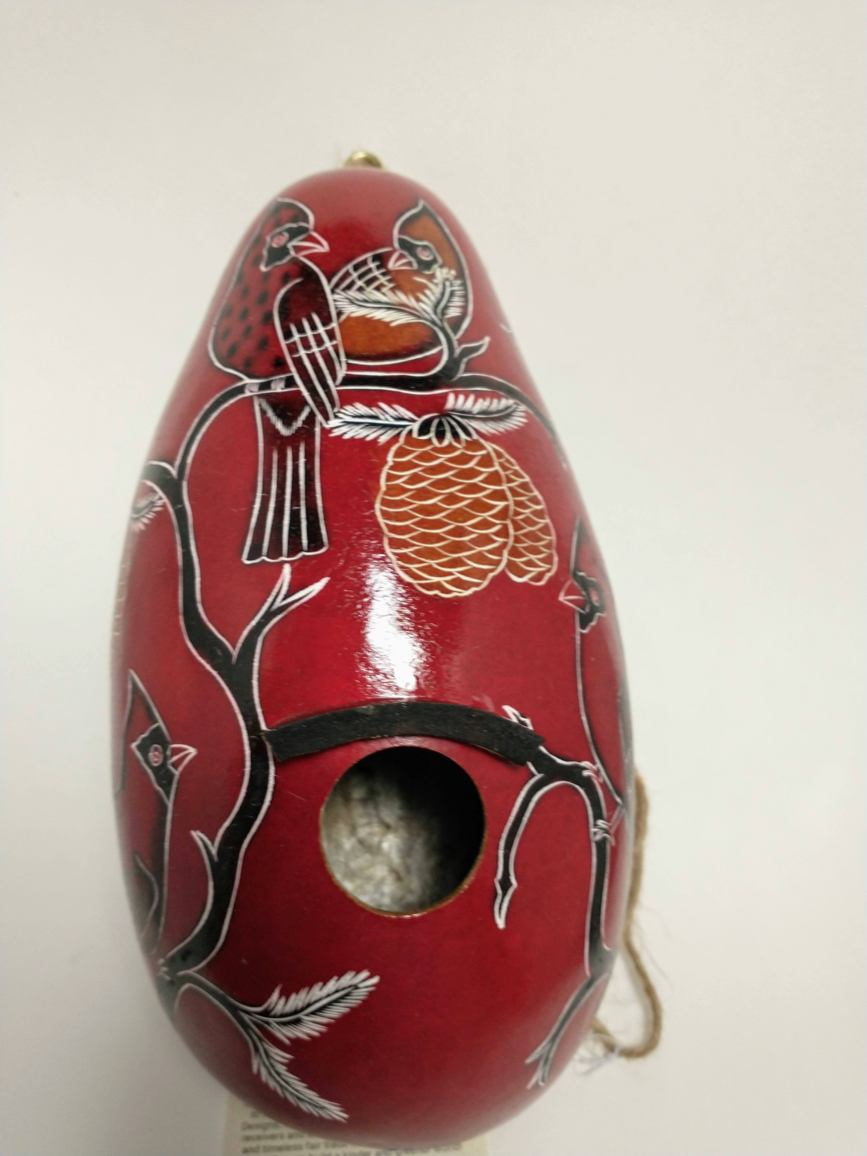 Red rose gourd birdhouse with bird and branches design