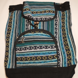 Green and blue patterned backpack