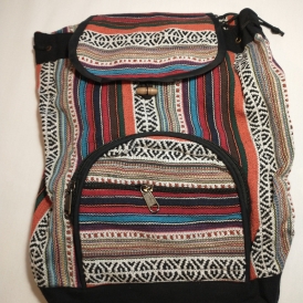 Pink, blue, orange, and black patterned backpack with front zipper